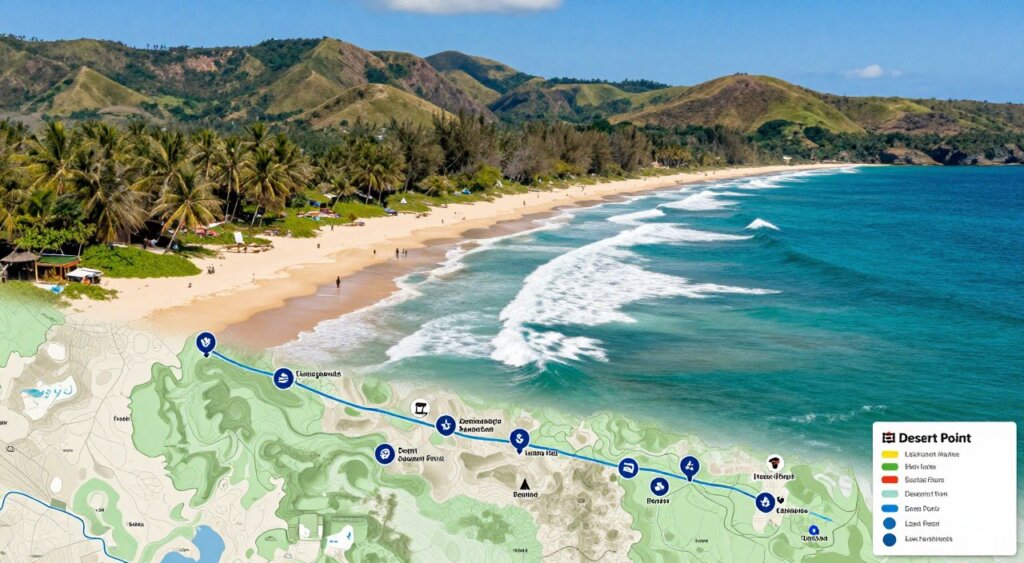 A detailed topographic map of Lombok’s surf spots, emphasizing accessibility to Desert Point. In the foreground, depict clear icons marking various surf spots with detailed labels and information icons. The middle ground should feature a lush coastal landscape showcasing the golden beaches and turquoise waters typical of Lombok, dotted with realistic waves that suggest optimal surfing conditions. In the background, illustrate the rolling hills and vibrant greenery of Lombok's interior, under a bright blue sky. Use natural daylight to highlight the vivid colors, creating an inviting and adventurous atmosphere. Shoot from an aerial perspective to provide a comprehensive overview, simulating a professional travel guide style appropriate for informative publications.