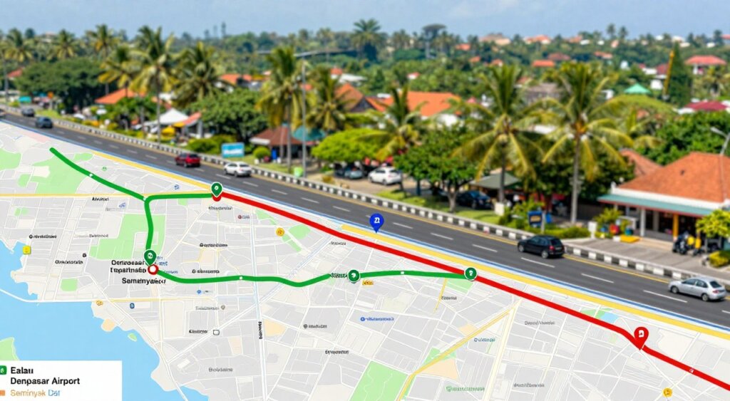 A detailed traffic map showcasing the route from Denpasar Airport to Seminyak, emphasizing the distance and major traffic points along the way. In the foreground, map markers indicate key landmarks and route highlights. The middle ground features a clear representation of the roads and highways, with notable traffic patterns depicted through color variations, such as green for smooth traffic and red for congestion. The background captures a soft-focus view of the vibrant Balinese landscape, highlighting palm trees and traditional architecture subtly in the distance. The lighting is bright and natural, simulating a sunny day, with a slight aerial perspective to provide a comprehensive overview of the journey. The overall atmosphere is informative yet inviting, embodying the essence of travel in Bali.
