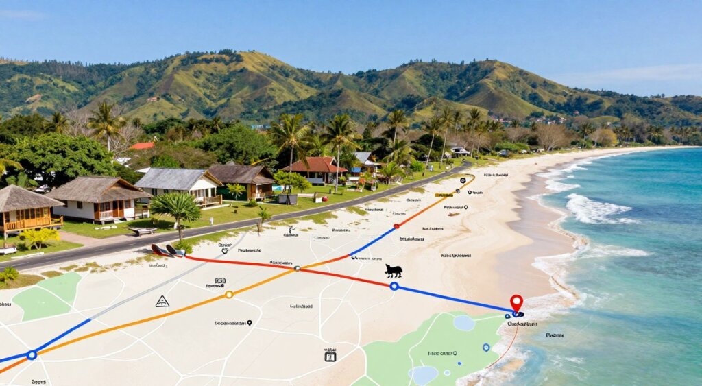 A detailed transportation map illustrating accommodations near Lombok’s renowned surf beaches. In the foreground, focus on clear routes marked with vibrant colors, depicting roads and paths leading to key surf spots. In the middle ground, visually represent various accommodations like surf hostels, beachside villas, and quaint guesthouses with simple icons. The background showcases stunning natural landscapes typical of Lombok, with lush greenery, rolling hills, and clear blue skies, embodying a tropical oasis. Soft sunlight bathes the scene, creating an inviting atmosphere. Capture the image using a wide-angle lens to provide an expansive view, while maintaining crisp details. Employ a professional photojournalism style with a focus on clarity and natural beauty, ensuring a serene yet accessible vibe for potential visitors.