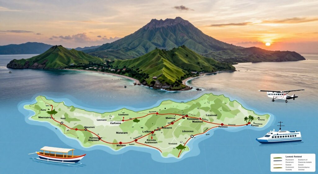 A detailed travel map of Lombok and Komodo, prominently featuring routes to key destinations like Mataram and Komodo Airport. In the foreground, illustrated modes of transportation, such as traditional boats, ferries, and small planes, are positioned informatively around the map. The middle ground presents a scenic depiction of the islands, showcasing lush green landscapes, volcanic mountains, and coastal areas. In the background, a sunset illumination bathes the horizon in warm hues, enhancing the adventurous atmosphere. The image should reflect a professional photojournalism style with a balanced composition, slight aerial view, and soft lighting that evokes a sense of exploration and curiosity about these beautiful Indonesian islands.