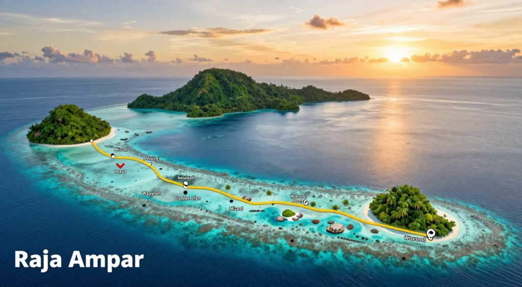 A detailed travel route map of Raja Ampat, showcasing its stunning archipelago, crystal-clear waters, and vibrant marine life. In the foreground, include labeled route markers indicating popular travel paths and destinations like Misool and Wayag, designed with a professional, clean layout. The middle section features a topographical representation of the islands, with green lush vegetation and coral reef areas illustrated. In the background, a serene sunset casts warm golden and orange hues over the ocean, creating a tranquil atmosphere. The image should have soft, natural lighting, emphasizing the beauty of the islands from a slightly elevated angle, resembling a high-quality travel journal or National Geographic illustration. No text, logos, or overlays should be present, focusing purely on the visual map.