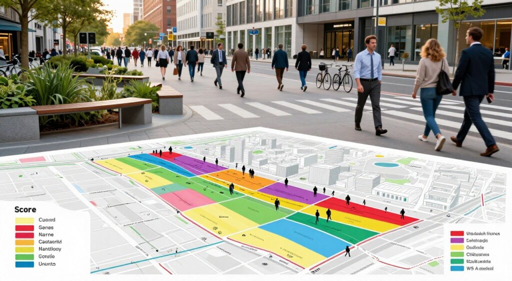 A detailed urban walkability score map appears prominently in the foreground, showcasing vibrant color-coded zones indicating varying walkability levels across a cityscape. In the middle ground, well-designed pedestrian infrastructure features wide sidewalks, accessible crosswalks, and public seating areas intertwined with greenery, illustrating a pedestrian-friendly environment. The background reveals a bustling urban landscape, with modern buildings, bicycles, and diverse pedestrians dressed in professional business attire and modest casual clothing, engaging in various activities. The scene is illuminated by soft, natural light, suggesting a late afternoon setting. The angle captures a dynamic perspective, highlighting both the map and the vibrant interactions in the urban setting, creating an inviting and optimistic atmosphere that underscores neighborhood accessibility and walking as a viable transportation option.