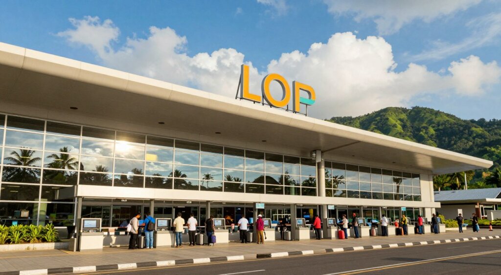 A detailed view of Lombok International Airport, showcasing the iconic IATA code "LOP" artfully displayed at the airport entrance. In the foreground, a modern terminal building with large glass windows reflecting the tropical scenery outside. The middle ground includes a bustling scene with travelers in modest casual clothing, some checking in at kiosks while others are waiting with luggage. The background features lush green hills typical of Lombok, under a vibrant blue sky with fluffy white clouds. Soft golden sunlight enhances the atmosphere, casting warm shades and creating a welcoming environment. The composition should be captured from a low angle, emphasizing the grandeur of the airport while maintaining a professional, documentary-style quality, perfect for a high-quality editorial piece.