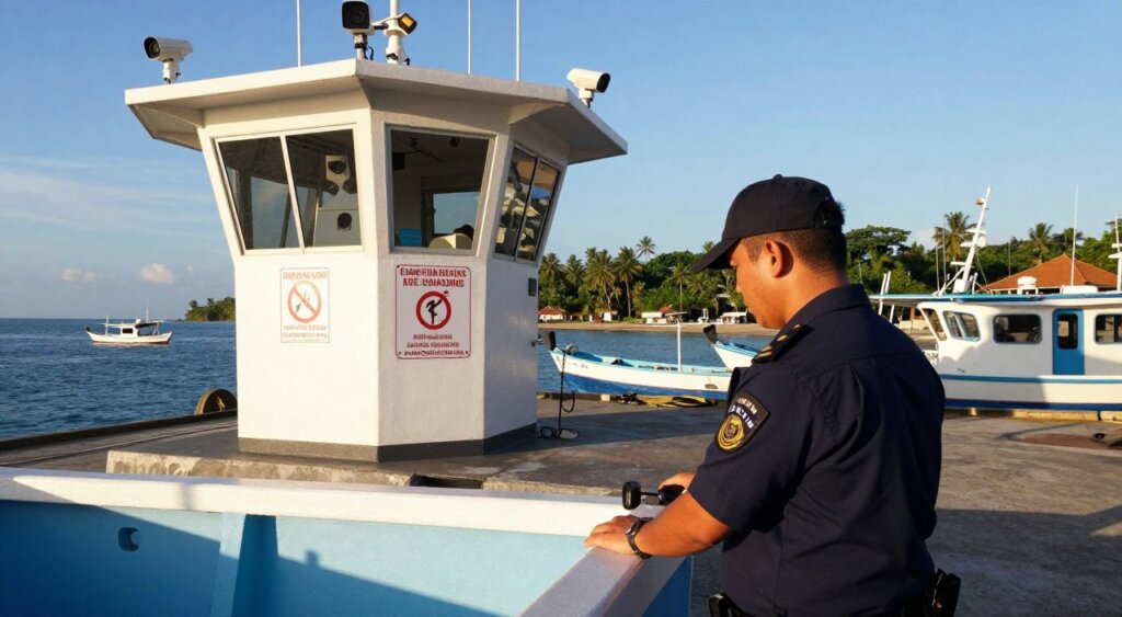A detailed view of Sanur Port, showcasing security and safety measures in action. In the foreground, a professional security officer in a navy blue uniform inspects a small boat, emphasizing vigilance. The middle ground features a control tower outfitted with surveillance equipment and viewfinders, along with safety signage highlighting emergency procedures. In the background, a serene Bali coastline with fishing vessels and lush greenery creates a contrast to the rigorous safety protocols. The scene is illuminated by warm, natural sunlight, casting soft shadows, while a clear blue sky adds to the tranquil yet secure atmosphere. The composition should evoke a sense of safety and professionalism, capturing the essence of maritime security at Sanur Port.