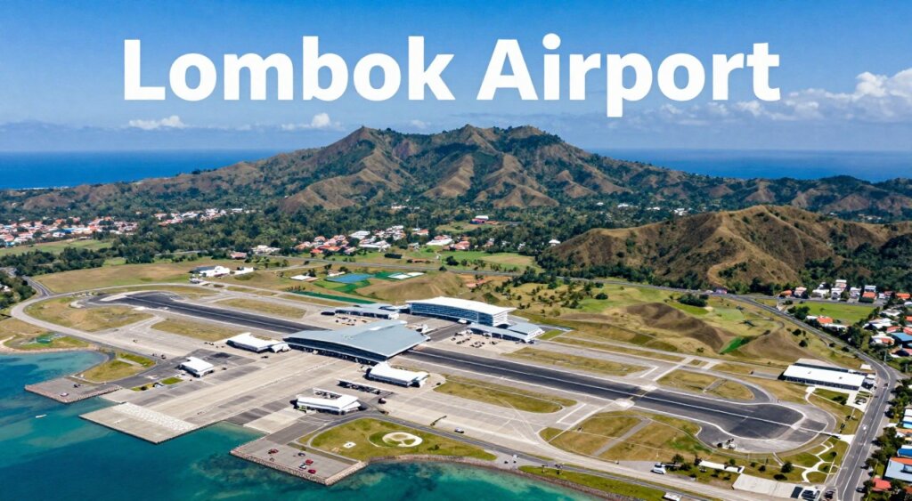 A detailed view of the Lombok Airport location map, showcasing the airport's layout and surrounding areas. In the foreground, prominently display the airport itself, illustrating runways and taxiways with precision. The middle ground includes nearby landmarks, roads, and geographical features like coastlines and hills that characterize Lombok Island. In the background, a clear blue sky and distant mountains frame the scene. The lighting is bright and natural, capturing the vibrant colors of the landscape, creating an inviting and professional atmosphere. The angle is a slight aerial perspective, emphasizing accessibility from various entry points. The overall mood is informative and visually engaging, suitable for a travel-focused editorial presentation.