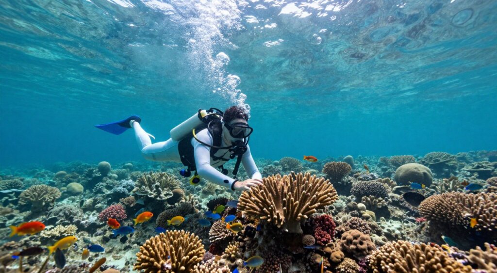 A diver in a bright wetsuit explores the vibrant coral reefs of Raja Ampat, surrounded by schools of colorful fish in crystal-clear turquoise waters. In the foreground, the diver is captured mid-motion, examining a stunning coral formation, while bubbles escape around them, creating a sense of tranquility and wonder. The middle ground showcases a diverse underwater ecosystem with various corals and marine life, illuminated by soft dappled sunlight filtering through the water's surface. In the background, gentle waves ripple above, hinting at the sun-drenched, tropical paradise above. The overall mood is serene and adventurous, capturing the essence of an unforgettable diving experience in one of the world's most breathtaking dive sites, with a focus on clarity and realism akin to professional photojournalism.