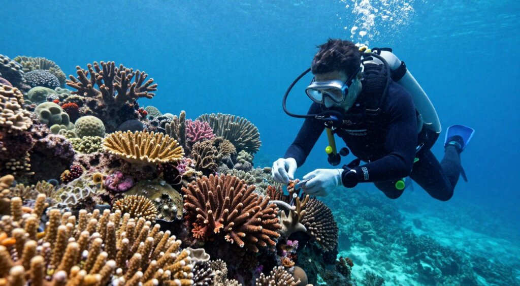 A diver in a wetsuit collects coral health monitoring data in Raja Ampat's vibrant underwater landscape, surrounded by colorful coral reefs teeming with life. The foreground highlights the diver engaged with special measuring tools, meticulously documenting coral conditions. In the middle ground, various coral species display vivid colors and intricate structures, showcasing both healthy and bleached areas. The background features a serene blue ocean, with sunlight filtering through the water, creating a soft, ethereal glow that accentuates the coral formations. Capture the mood of dedication and scientific inquiry, with a focus on preserving marine biodiversity. The image should evoke professionalism and a sense of urgency in coral conservation efforts, resembling National Geographic's photojournalistic style.