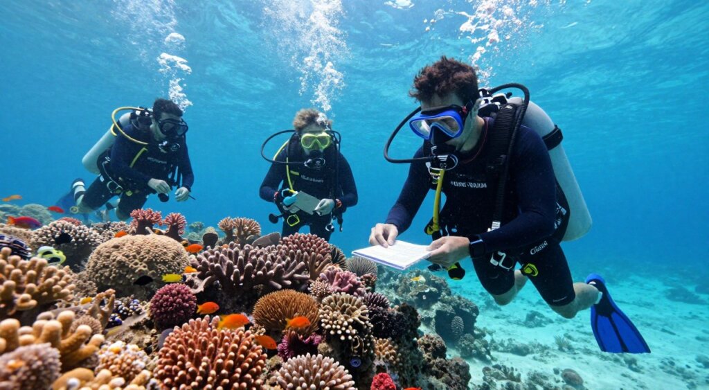 A diver in full scuba gear inspects safety measures on the vibrant coral reefs of Gili Trawangan, surrounded by colorful marine life. In the foreground, the diver is carefully checking his equipment, showcasing a safety checklist and emergency flotation device. The middle ground highlights additional divers practicing safety protocols, such as buddy checks and using dive flags. In the background, the crystal-clear turquoise water contrasts with the bright coral formations and sunlit surface above. The scene is captured in natural, bright lighting to convey a sense of professionalism and adventure. The image should evoke an atmosphere of safety, awareness, and the beauty of underwater exploration, reminiscent of high-quality photojournalism typical of National Geographic. A diver in full scuba gear inspects safety measures on the vibrant coral reefs of Gili Trawangan, surrounded by colorful marine life. In the foreground, the diver is carefully checking his equipment, showcasing a safety checklist and emergency flotation device. The middle ground highlights additional divers practicing safety protocols, such as buddy checks and using dive flags. In the background, the crystal-clear turquoise water contrasts with the bright coral formations and sunlit surface above. The scene is captured in natural, bright lighting to convey a sense of professionalism and adventure. The image should evoke an atmosphere of safety, awareness, and the beauty of underwater exploration, reminiscent of high-quality photojournalism typical of National Geographic.