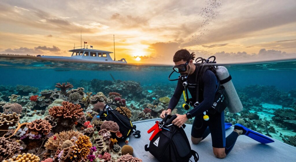A diver preparing for a dive trip in Raja Ampat, Indonesia, featuring vibrant coral reefs and crystal-clear waters in the background. In the foreground, a diver in a professional wetsuit meticulously checking their dive gear, including a buoyancy control device, oxygen tank, and fins. The middle scene showcases a small boat anchored nearby, with diving equipment scattered around on the deck and a breathtaking sunset casting warm golden hues across the sky. Utilize a wide-angle lens to capture the expansive underwater landscape, highlighting both the diver's preparation and the surrounding natural beauty. The atmosphere is adventurous yet serene, embodying the thrill of exploration while ensuring safety and professionalism.