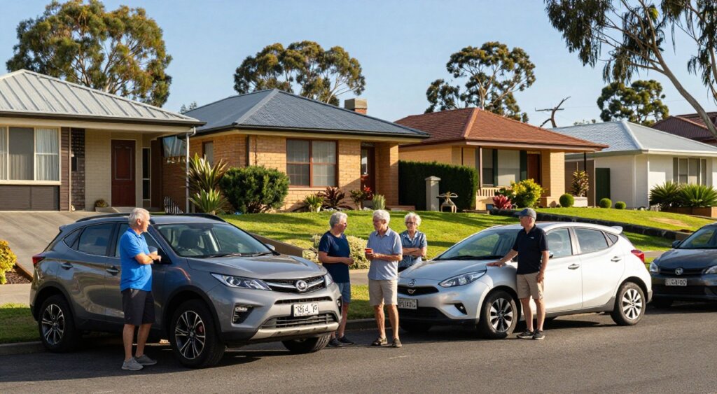 A diverse group of long-term residents in Australia stands beside their personal vehicles in a suburban setting. In the foreground, two families are discussing their cars—a sporty SUV and a compact hatchback—highlighting the practicality and variety in personal vehicle ownership. In the middle ground, well-maintained houses with manicured lawns reflect a typical Australian neighborhood. The atmosphere is lively yet serene, with vibrant sunlight casting warm hues over the scene. In the background, eucalyptus trees sway gently, framing the scene with a quintessential Australian landscape. The image should convey a sense of community and the importance of personal vehicles, captured in a photojournalism style with a focus on realism and clarity, using a wide-angle lens to give depth to the composition.