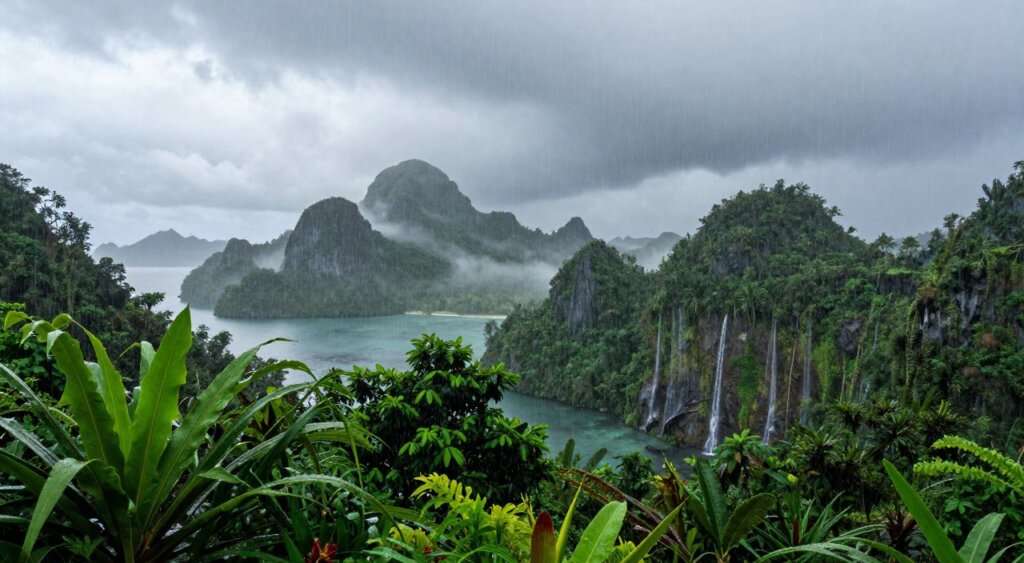 A dramatic scene capturing the Raja Ampat islands during the rainy season, showcasing a heavy downpour. In the foreground, lush tropical foliage glistens with raindrops, vibrant greens contrasting with the grey sky. The middle ground features small, rugged limestone islands partially veiled by mist, with cascading waterfalls visible on their slopes. In the background, dark clouds gather above the horizon, enhancing the sense of impending weather. The lighting is moody and saturated, typical of overcast conditions, casting soft shadows. The angle is slightly elevated, offering a panoramic view of the rugged landscape emerging through the rain. The atmosphere is serene yet powerful, encapsulating the essence of a tropical downpour in a remote paradise.