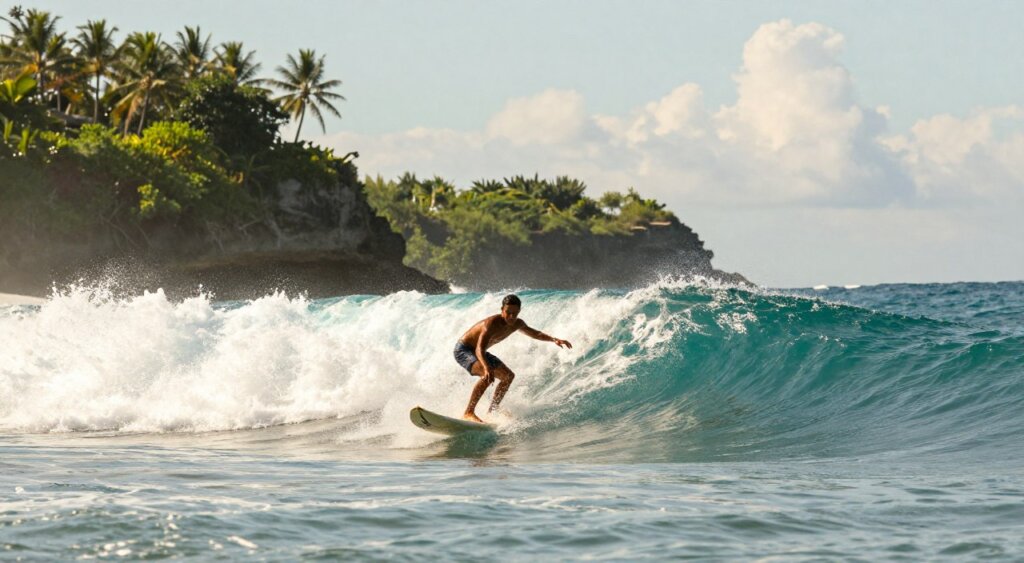 A dynamic scene capturing the essence of surfing in Indonesia, showcasing a surfer skillfully riding a powerful wave. In the foreground, the surfer, dressed in modest swim attire, is skillfully maneuvering on a vibrant, branded surfboard. The middle ground highlights the crystalline, turquoise water of the ocean, emphasizing the energy and textures of the breaking wave. In the background, lush green cliffs and palm trees outline the coastline under a bright, sunny sky, with a few scattered clouds adding depth. The lighting is warm and golden, typical of late afternoon, creating an inviting and exhilarating atmosphere. The image should convey the thrill and beauty of surfing, drawing the viewer into this tropical paradise. A dynamic scene capturing the essence of surfing in Indonesia, showcasing a surfer skillfully riding a powerful wave. In the foreground, the surfer, dressed in modest swim attire, is skillfully maneuvering on a vibrant, branded surfboard. The middle ground highlights the crystalline, turquoise water of the ocean, emphasizing the energy and textures of the breaking wave. In the background, lush green cliffs and palm trees outline the coastline under a bright, sunny sky, with a few scattered clouds adding depth. The lighting is warm and golden, typical of late afternoon, creating an inviting and exhilarating atmosphere. The image should convey the thrill and beauty of surfing, drawing the viewer into this tropical paradise.