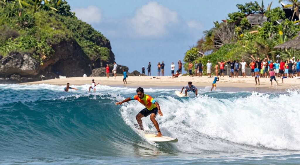 A dynamic scene capturing the thrill of a Lombok surf competition on a bright sunny day. In the foreground, a skilled surfer is mid-action, expertly carving through a large, rolling wave, water splashing around them in vibrant detail. Their modest, brightly colored surf attire contrasts with the deep blue of the ocean. In the middle ground, other surfers ride waves, showcasing various stances and techniques, alongside the excitement of cheering spectators on the sandy shore. The background features lush green cliffs framing the beach under a clear blue sky with scattered clouds. The sunlight casts a warm glow over the scene, enhancing the vibrant colors and creating lively highlights on the water. The composition should evoke a sense of adventure, community, and the thrilling spirit of local surf culture.