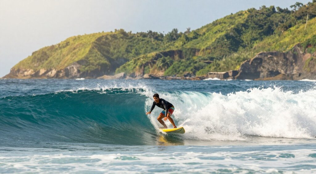 A dynamic scene of surfing in Indonesia, featuring a skilled surfer riding powerful turquoise waves. In the foreground, the surfer skillfully balances on a vibrant surfboard, showcasing a mix of determination and exhilaration. The middle ground captures the cresting waves, with frothy white spray contrasting against the deep ocean blue. The background reveals a stunning Indonesian coastline, lush green hills rising majestically against a clear, sunlit sky, enhancing the sense of adventure. Soft, warm sunlight bathes the scene, creating a golden hue that highlights the vibrant colors of the landscape and water. The overall atmosphere is one of excitement and natural beauty, perfect for conveying why Indonesia is a premier surfing destination. A dynamic scene of surfing in Indonesia, featuring a skilled surfer riding powerful turquoise waves. In the foreground, the surfer skillfully balances on a vibrant surfboard, showcasing a mix of determination and exhilaration. The middle ground captures the cresting waves, with frothy white spray contrasting against the deep ocean blue. The background reveals a stunning Indonesian coastline, lush green hills rising majestically against a clear, sunlit sky, enhancing the sense of adventure. Soft, warm sunlight bathes the scene, creating a golden hue that highlights the vibrant colors of the landscape and water. The overall atmosphere is one of excitement and natural beauty, perfect for conveying why Indonesia is a premier surfing destination.