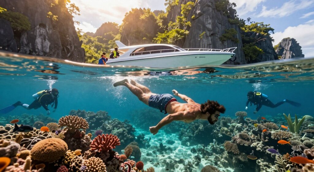 A dynamic underwater scene showcasing Tarzan diving into the crystal-clear waters of Raja Ampat. In the foreground, Tarzan, depicted in modest casual attire, performs an elegant dive, showcasing grace and power. Surrounding him, skilled divers in appropriate wetsuits explore vibrant coral reefs teeming with colorful marine life. In the middle ground, a sleek speedboat rests on the surface, with divers preparing for their underwater adventure. The background reveals the stunning limestone karsts and lush greenery of Raja Ampat, bathed in warm, golden sunlight filtering through the water. The atmosphere is lively and exhilarating, capturing the thrill of adventure and the beauty of nature. Photographed from a low angle to emphasize the movement of the diver, creating a sense of depth and excitement.