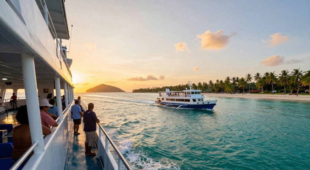 A ferry navigating through the turquoise waters of the Gili Islands, framed by a vibrant sunset casting golden hues across the sky. In the foreground, detailed images of the ferry's hull, with people in modest casual clothing enjoying the view from the deck. In the middle ground, the ferry leaves a gentle wake behind as it approaches a distant sandy beach dotted with lush palm trees. The background showcases the picturesque silhouette of the Gili Islands, with clear skies and a few scattered clouds. Utilize a warm, soft lighting to enhance the tranquil atmosphere, captured with a wide-angle lens to portray the expansive seascape and idyllic setting of the islands. Aim for a serene and inviting mood, embodying adventure and tropical beauty, suitable for an article illustration. A ferry navigating through the turquoise waters of the Gili Islands, framed by a vibrant sunset casting golden hues across the sky. In the foreground, detailed images of the ferry's hull, with people in modest casual clothing enjoying the view from the deck. In the middle ground, the ferry leaves a gentle wake behind as it approaches a distant sandy beach dotted with lush palm trees. The background showcases the picturesque silhouette of the Gili Islands, with clear skies and a few scattered clouds. Utilize a warm, soft lighting to enhance the tranquil atmosphere, captured with a wide-angle lens to portray the expansive seascape and idyllic setting of the islands. Aim for a serene and inviting mood, embodying adventure and tropical beauty, suitable for an article illustration.