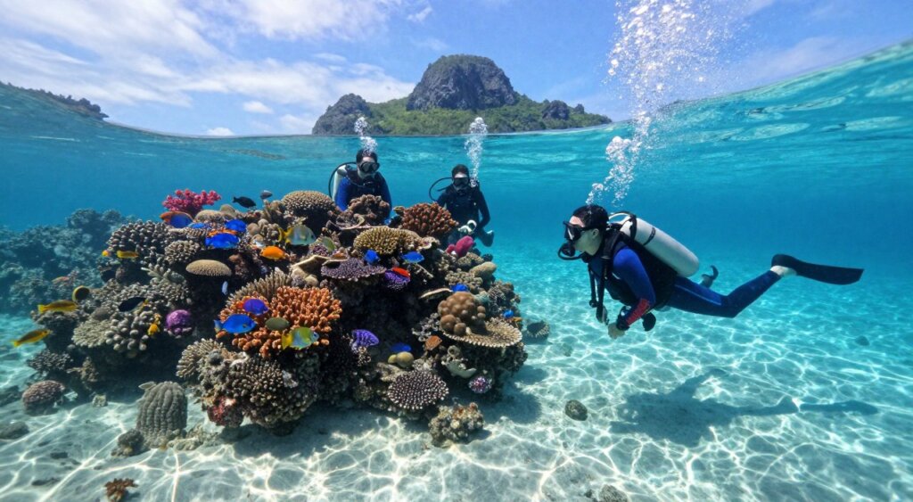 A guided freediving tour in Raja Ampat featuring a diverse group of four divers in modest, colorful wetsuits exploring a vibrant coral reef. In the foreground, a diver gracefully descends, bubbles trailing behind, while two others observe a school of tropical fish, their expressions filled with wonder. The middle ground showcases intricate coral formations in vivid shades of blue, orange, and purple, teeming with marine life. The background reveals the crystal-clear turquoise waters of Raja Ampat, with hints of remote, lush green islands visible under a bright, sunlit sky. The light filters through the water, creating dappled patterns on the sand below, enhancing the serene and breathtaking atmosphere of the underwater world. Shot with a wide-angle lens to capture the expansive beauty and depth of the scene.