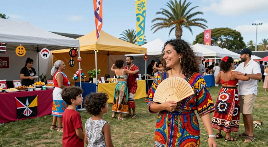 A joyful expat surrounded by a diverse group of festival-goers at a vibrant multicultural festival in Australia. In the foreground, the expat, a woman with medium-length curly hair, wearing a brightly patterned dress and holding a traditional hand fan, smiles warmly as she engages with local families dressed in a mix of traditional and contemporary attire. In the middle ground, colorful booths display cultural artifacts and foods from various countries, with people sampling dishes and participating in cultural dances. In the background, palm trees and colorful banners flutter against a clear blue sky. Use soft, natural daylight to create a welcoming atmosphere that emphasizes cultural exchange and unity, captured with a wide-angle lens to enhance the sense of community and celebration.