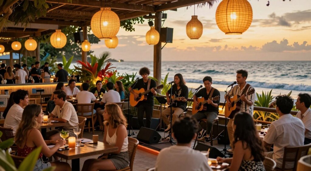 A lively scene capturing the essence of Seminyak bars with live music entertainment. In the foreground, a small stage featuring a band of musicians playing acoustic instruments, surrounded by patrons listening intently, dressed in smart casual attire. The middle section showcases tables filled with people chatting and enjoying drinks, with soft glowing lights from hanging lanterns creating a warm ambiance. In the background, vibrant tropical plants and the ocean waves subtly illuminated by a golden sunset sky. The composition emphasizes a bustling yet relaxed atmosphere, evoking a sense of community and enjoyment. The image is shot with a wide-angle lens to capture the details and mood, with soft focus on the background to highlight the energy in the foreground.
