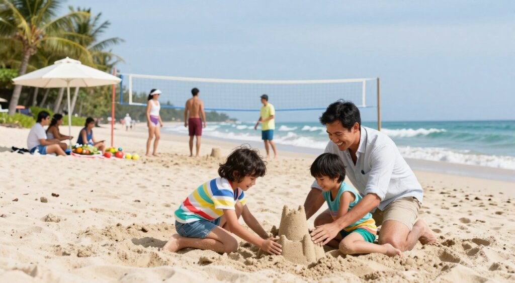 A lively scene depicting a family enjoying various activities in Nusa Dua, Bali. In the foreground, a family with two children is building a sandcastle on the pristine beach, smiles bright on their faces. The father, dressed in a light shirt and shorts, assists the children, who are wearing colorful casual wear. In the middle ground, other families are seen engaging in beach games like beach volleyball. A parasol provides shade for a group picnicking with traditional Balinese snacks. The background showcases lush palm trees and vibrant blue ocean waves under a clear, sunny sky. The photo is captured in soft, natural lighting, with a slightly blurred horizon to emphasize the family’s joyful interactions, creating a warm and inviting atmosphere reminiscent of summer fun in Bali. A lively scene depicting a family enjoying various activities in Nusa Dua, Bali. In the foreground, a family with two children is building a sandcastle on the pristine beach, smiles bright on their faces. The father, dressed in a light shirt and shorts, assists the children, who are wearing colorful casual wear. In the middle ground, other families are seen engaging in beach games like beach volleyball. A parasol provides shade for a group picnicking with traditional Balinese snacks. The background showcases lush palm trees and vibrant blue ocean waves under a clear, sunny sky. The photo is captured in soft, natural lighting, with a slightly blurred horizon to emphasize the family’s joyful interactions, creating a warm and inviting atmosphere reminiscent of summer fun in Bali.