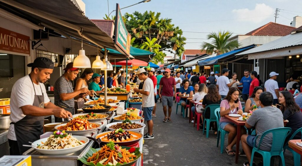 A lively scene on Seminyak Eat Street showcasing a diverse array of cuisines. In the foreground, colorful food stalls display vibrant dishes from various cultures, including Indonesian, Italian, and Japanese, with chefs in modest casual clothing preparing meals. The middle ground features a bustling crowd of people enjoying their meals at outdoor tables, radiating warmth and excitement. In the background, lush tropical plants frame the street, under a clear blue sky with soft, golden sunlight illuminating the scene, enhancing the inviting atmosphere. Capture this moment with a wide-angle shot to encompass the vibrant hustle and bustle of Seminyak Eat Street, evoking a sense of culinary adventure and community.