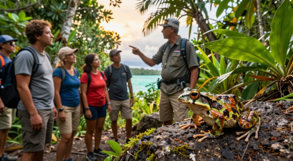 A local guide leading a herping tour in Raja Ampat, situated in a lush rainforest setting. In the foreground, a diverse group of tourists, including a male and female in modest casual attire, attentively observing a vibrant, camouflaged frog resting on a rock, with a close-up focus on the frog. In the middle ground, the guide, a local expert dressed in professional outdoor gear, gestures towards the wildlife, demonstrating their knowledge and connection to the environment. The background features dense greenery, tropical plants, and hints of the stunning turquoise waters of Raja Ampat, illuminated by soft, golden afternoon light. The overall mood is one of curiosity and adventure, capturing the harmonious relationship between the local community and nature.
