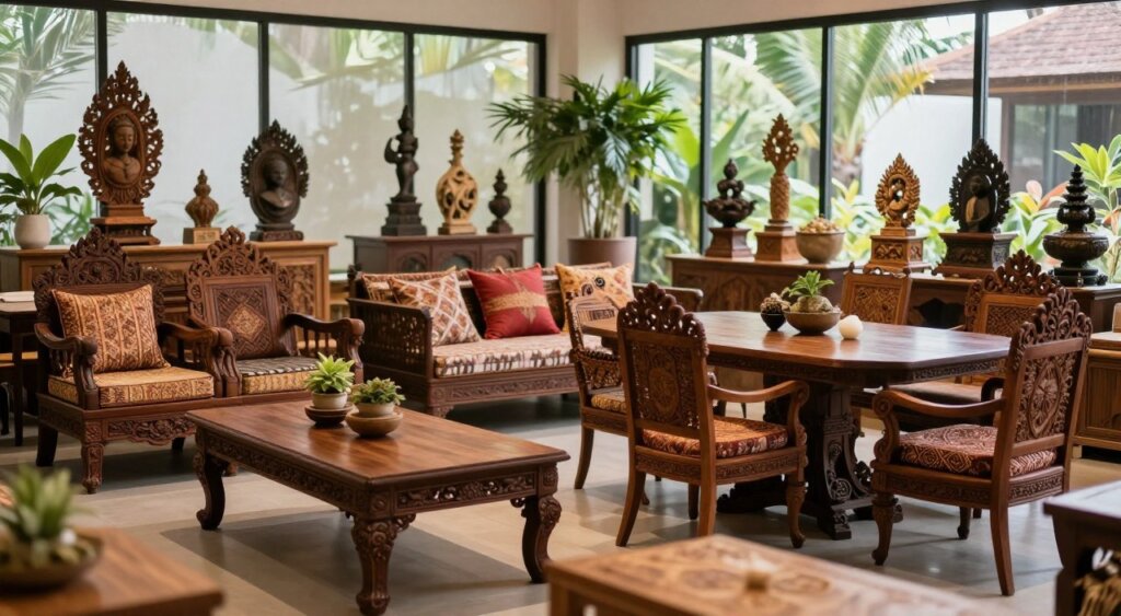 A luxurious Balinese furniture showroom filled with exquisite handcrafted pieces. In the foreground, a beautifully arranged display of intricately carved wooden furniture, including ornate chairs and a stunning dining table, showcasing rich textures and natural finishes. The middle area features elegant decorative accents such as traditional batik cushions and artful sculptures, harmonizing with the furniture. The background reveals large floor-to-ceiling windows that allow soft, natural light to illuminate the showroom, creating a warm and inviting atmosphere. Lush potted plants add a touch of greenery, enhancing the tropical feel. The image captures a sense of serenity and sophistication, reminiscent of Bali's unique charm. Use a professional lens to achieve a shallow depth of field, with a slightly elevated angle to encompass the showroom's spacious layout.