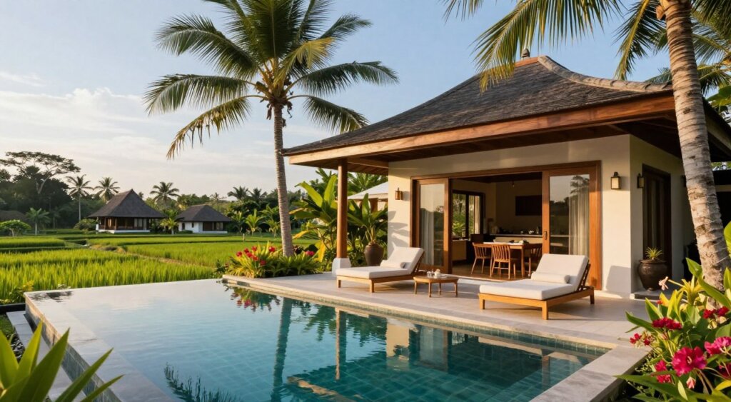 A luxurious Canggu villa rental, showcasing modern Balinese architecture with elegant wooden accents and lush tropical landscaping. In the foreground, a serene infinity pool reflects the clear blue sky, surrounded by swaying palm trees and vibrant flowers. The middle ground features a spacious terrace adorned with comfortable lounge chairs and a dining area, perfect for relaxing or entertaining. In the background, traditional rice paddies glide into view, providing a picturesque rural charm. Soft, warm late afternoon sunlight bathes the scene, creating inviting shadows and highlighting the villa’s features. The atmosphere is tranquil and welcoming, ideal for long-term vacation living. The image captures an inviting oasis nestled in nature, perfect for those seeking a peaceful retreat.