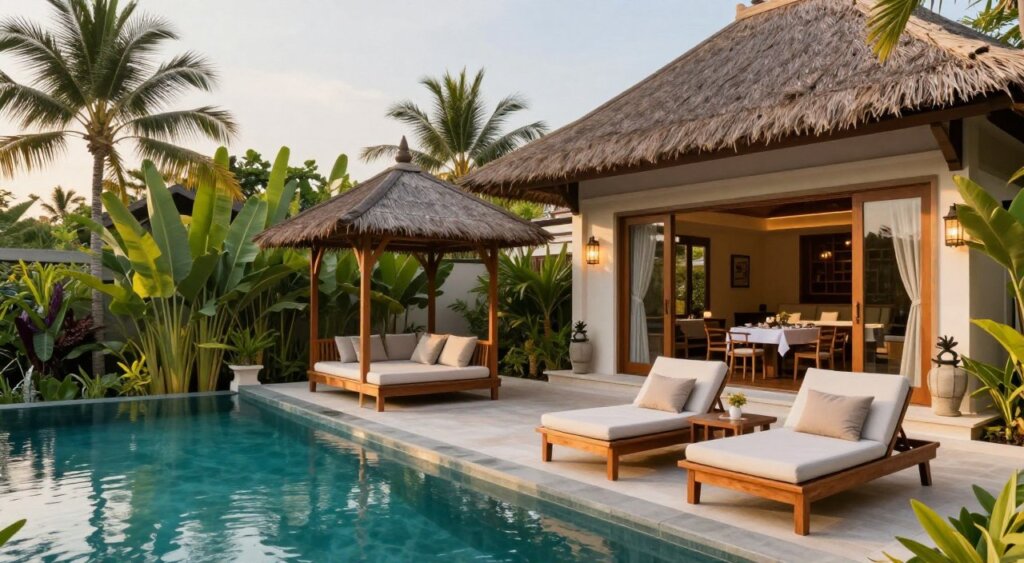 A luxurious Sanur Bali villa's amenities depicted in a serene and inviting setting. In the foreground, showcase a beautiful private infinity pool surrounded by lush tropical greenery and elegant sun loungers crafted from natural wood. The middle section features a spacious outdoor seating area with comfortable cushions, a traditional Balinese gazebo, and a dining table set for a romantic meal. In the background, include a glimpse of the villa itself, designed with a blend of modern and traditional Balinese architecture, complete with thatched roofs and wooden accents. Capture the scene during golden hour, with warm, soft lighting that enhances the tranquil atmosphere. Ensure the image feels welcoming and evokes a sense of peace and relaxation, perfect for a luxury travel experience. A luxurious Sanur Bali villa's amenities depicted in a serene and inviting setting. In the foreground, showcase a beautiful private infinity pool surrounded by lush tropical greenery and elegant sun loungers crafted from natural wood. The middle section features a spacious outdoor seating area with comfortable cushions, a traditional Balinese gazebo, and a dining table set for a romantic meal. In the background, include a glimpse of the villa itself, designed with a blend of modern and traditional Balinese architecture, complete with thatched roofs and wooden accents. Capture the scene during golden hour, with warm, soft lighting that enhances the tranquil atmosphere. Ensure the image feels welcoming and evokes a sense of peace and relaxation, perfect for a luxury travel experience.