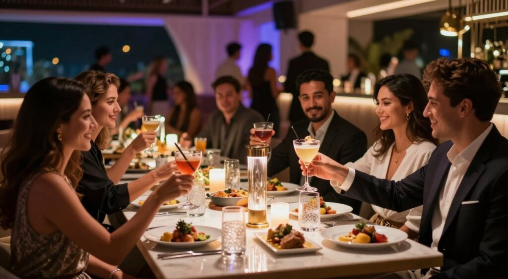 A luxurious VIP table booking scene set in a trendy Seminyak club at night. The foreground features an elegantly arranged table with stylish, modern decor, sparkling glassware, and carefully plated gourmet dishes. In the middle, a diverse group of professionally dressed individuals enjoy their exclusive experience, smiling and toasting with cocktails. The background showcases vibrant club lights casting an inviting glow, with stylish decor and silhouettes of other stylish patrons mingling in the atmosphere. The image should be captured with a shallow depth of field, emphasizing the table and guests while softly blurring the background, creating an intimate ambience. The mood is lively yet sophisticated, reflecting the excitement and exclusivity of VIP experiences in Seminyak's nightlife.