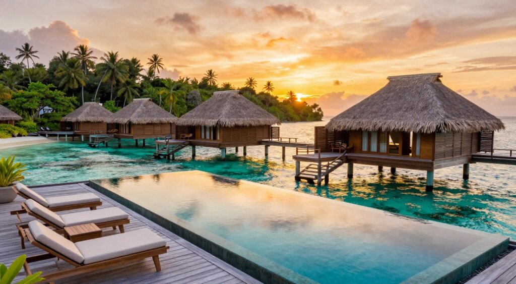 A luxurious accommodation in Raja Ampat, featuring stunning overwater bungalows with thatched roofs, surrounded by crystal-clear turquoise waters. In the foreground, display a beautifully designed private deck with sun loungers and an infinity pool, reflecting the vibrant hues of sunset. The middle ground shows the bungalows, elegantly perched on stilts above the water, with lush tropical greenery in the background. The scene captures the warm glow of the sunset, casting a golden light on the water and the structures. Use a wide-angle lens to encompass the natural beauty and tranquility of the setting, evoking a serene and inviting atmosphere, perfect for a luxury getaway. No people are present in the scene.