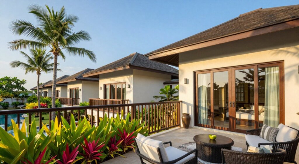 A luxurious accommodation scene showcasing Seminyak Square Hotel and Villas, capturing the essence of this upscale destination. In the foreground, a beautifully arranged private balcony adorned with elegant outdoor furniture and vibrant tropical plants invites relaxation. The middle ground features the hotel’s stunning architecture with spacious villas featuring modern design and large glass windows that reflect the natural surroundings. In the background, lush palm trees sway gently against a clear blue sky, while soft, warm sunlight bathes the scene in a golden hue. The overall mood is tranquil and inviting, embodying a tropical paradise. Use a wide-angle lens to capture the expansive view, emphasizing depth and luxury without any text or overlays.