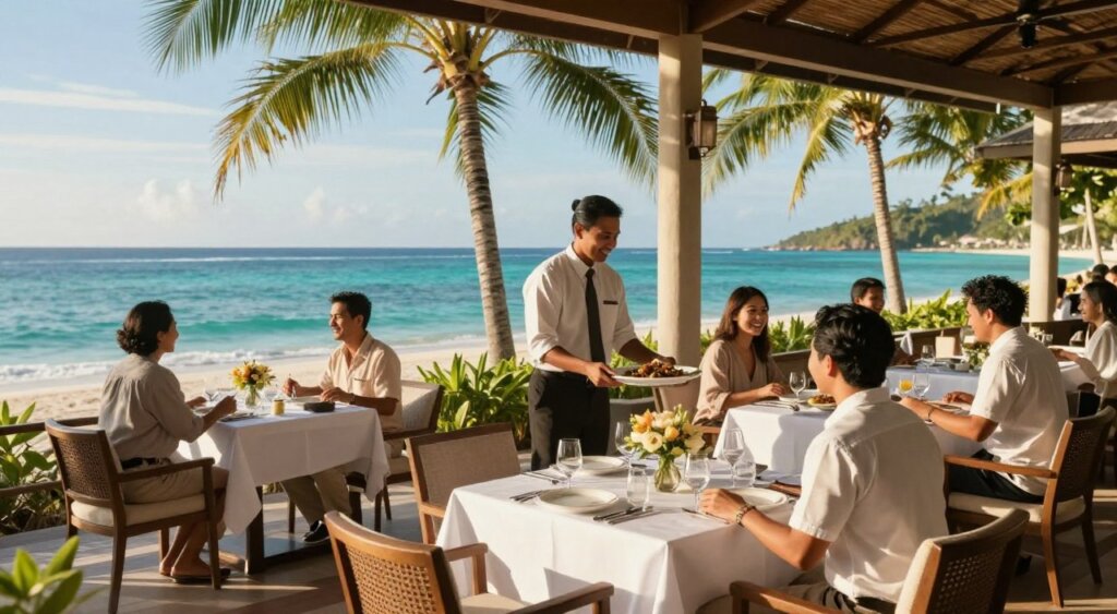 A luxurious beachfront restaurant in Lombok, showcasing upscale dining experiences. In the foreground, elegantly set tables with white linens and tasteful floral centerpieces, featuring fine dining tableware. In the middle ground, attentive waitstaff in professional attire serve gourmet dishes to guests, who are dressed in modest upscale casual clothing, enjoying their meals with smiles. The background reveals a stunning view of the turquoise ocean, with lush palm trees gently swaying in the breeze under a clear blue sky. Soft golden sunlight bathes the scene, creating warm, inviting shadows and highlighting the polished surfaces of the restaurant. Capture the essence of sophistication and relaxation in a vibrant, serene setting, reminiscent of National Geographic's high-quality photography.