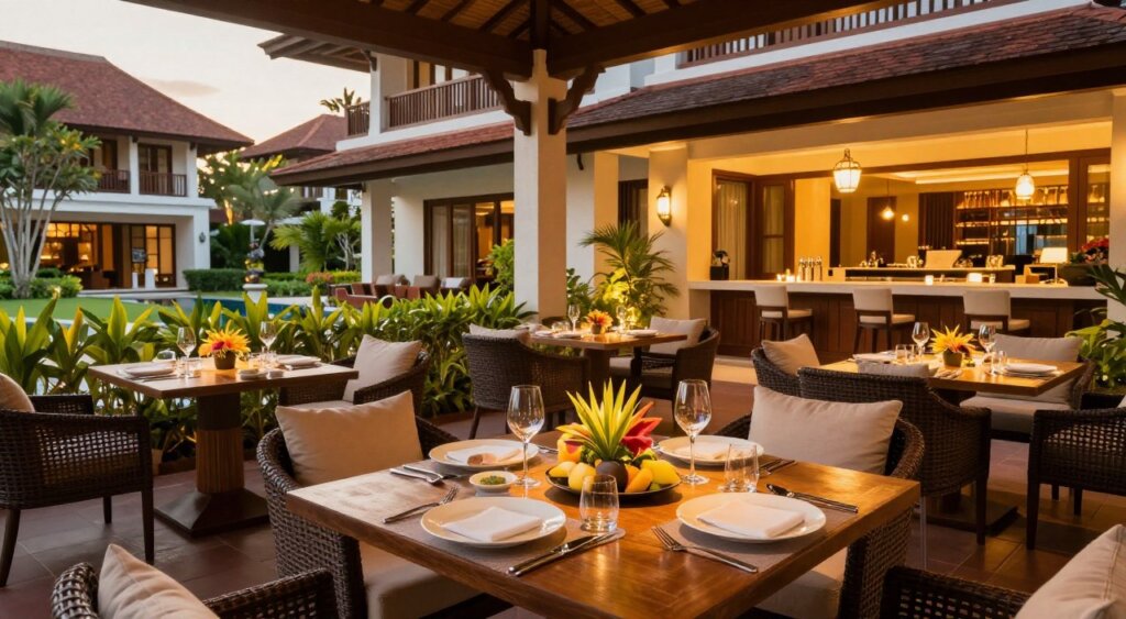 A luxurious dining scene at Seminyak Square Hotel and Villas, showcasing an elegantly set table for two under a warm, ambient glow. In the foreground, a beautifully arranged table features fine dining plates, fresh tropical fruits, and delicate floral centerpieces. The middle section reveals a cozy, inviting outdoor dining area with stylish wicker furniture and soft cushions, perfectly positioned overlooking lush gardens. In the background, the stunning architecture of the hotel blends harmoniously with vibrant Balinese elements, bathed in soft, golden twilight. The atmosphere is serene and romantic, evoking a sense of upscale relaxation. Use a wide-angle lens to capture the inviting space, with the golden hour light enhancing the rich, warm colors, creating a sophisticated yet comfortable dining experience.