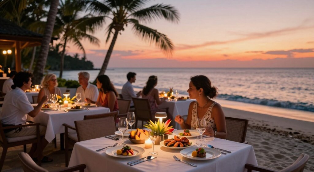 A luxurious dining scene on Gili Air during sunset, showcasing an upscale restaurant with elegantly set tables adorned with fine cutlery and candles. In the foreground, a beautifully arranged table features gourmet dishes, fresh seafood, and tropical fruit, illuminated by soft, ambient lighting. The middle ground presents well-dressed diners enjoying their meals, engaged in lively conversation, capturing a warm, inviting atmosphere. The background reveals the tranquil ocean with gentle waves lapping against the shore, and palm trees silhouetted against a vibrant orange and pink sky. The image should convey a sense of exclusivity and serenity, taken with a wide-angle lens to capture the depth of the scene, with a soft bokeh effect to highlight the tables while keeping the natural beauty of the island in focus.