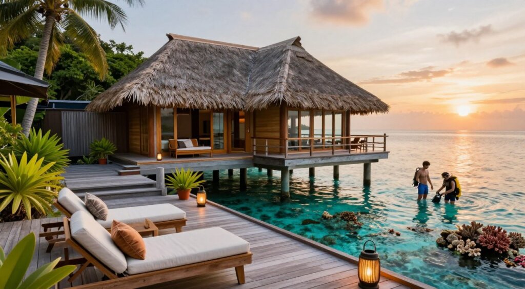 A luxurious dive experience accommodation nestled on a private island in Raja Ampat. In the foreground, an elegantly designed wooden deck with comfortable lounge chairs and plush cushions overlooks the azure waters, accented by tropical plants and lanterns. The middle ground features a beautifully designed overwater bungalow with a thatched roof, large glass windows, and a private balcony. Divers in modest casual attire are seen preparing their gear, showcasing a vibrant coral reef just below the surface. The background showcases lush green islands against a stunning sunset sky, with soft golden light illuminating the scene. Captured in a wide-angle lens with a warm inviting mood, this professional photojournalism-style image reflects the serenity and luxury of a dive safari experience. A luxurious dive experience accommodation nestled on a private island in Raja Ampat. In the foreground, an elegantly designed wooden deck with comfortable lounge chairs and plush cushions overlooks the azure waters, accented by tropical plants and lanterns. The middle ground features a beautifully designed overwater bungalow with a thatched roof, large glass windows, and a private balcony. Divers in modest casual attire are seen preparing their gear, showcasing a vibrant coral reef just below the surface. The background showcases lush green islands against a stunning sunset sky, with soft golden light illuminating the scene. Captured in a wide-angle lens with a warm inviting mood, this professional photojournalism-style image reflects the serenity and luxury of a dive safari experience.