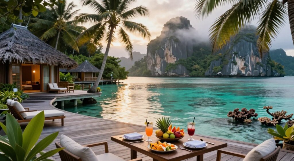 A luxurious eco-friendly resort nestled among the lush greenery of Raja Ampat, featuring elegantly designed overwater bungalows with wooden decks. In the foreground, a tasteful arrangement of tropical fruits and drinks on a table set for two, symbolizing a serene dining experience. The middle ground shows the glistening turquoise waters of the lagoon, reflecting soft sunlight filtering through the palm trees. In the background, dramatic limestone cliffs rise majestically, shrouded in mist and surrounded by vibrant coral reefs, hinting at rich underwater life. Soft, warm lighting creates a tranquil and inviting atmosphere, evoking a sense of relaxation and indulgence. The scene is captured from a slightly elevated angle, adding depth to the composition while emphasizing the breathtaking natural beauty of the setting.