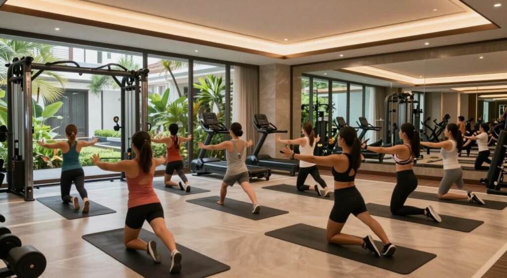 A luxurious gym in Seminyak, Indonesia, features sleek, modern design with high-end equipment and large windows overlooking a tranquil garden. In the foreground, a group of diverse individuals in professional fitness attire engage in a group workout session, showcasing camaraderie and motivation. In the middle, state-of-the-art machines and yoga mats are neatly arranged, reflecting an organized, upscale environment. The background includes soft, ambient lighting that casts a warm glow, creating a serene atmosphere. The scene captures the essence of unique fitness experiences in Seminyak, emphasizing wellness and community. The image is shot with a wide-angle lens, showcasing depth and a dynamic perspective while maintaining a clear focus on both the participants and the luxurious surroundings.