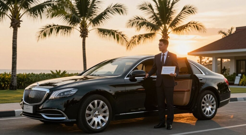 A luxurious private car parked at a small, upscale airport transfer area, ready to depart to Seminyak. In the foreground, a sleek black sedan gleams under warm sunset lighting, showcasing its polished exterior and inviting open door. In the middle ground, a well-dressed driver in a professional suit stands beside the car, holding a sign that subtly indicates service, ensuring an atmosphere of professionalism and comfort. The background features tropical palm trees swaying gently in the breeze, hinting at the vibrant Seminyak environment. The sun sets beautifully, casting a golden tone over the scene, evoking a sense of ease and relaxation, perfect for travelers looking to unwind after arriving in Bali. The composition captures a sense of anticipation and luxury, focusing on the serene journey ahead.