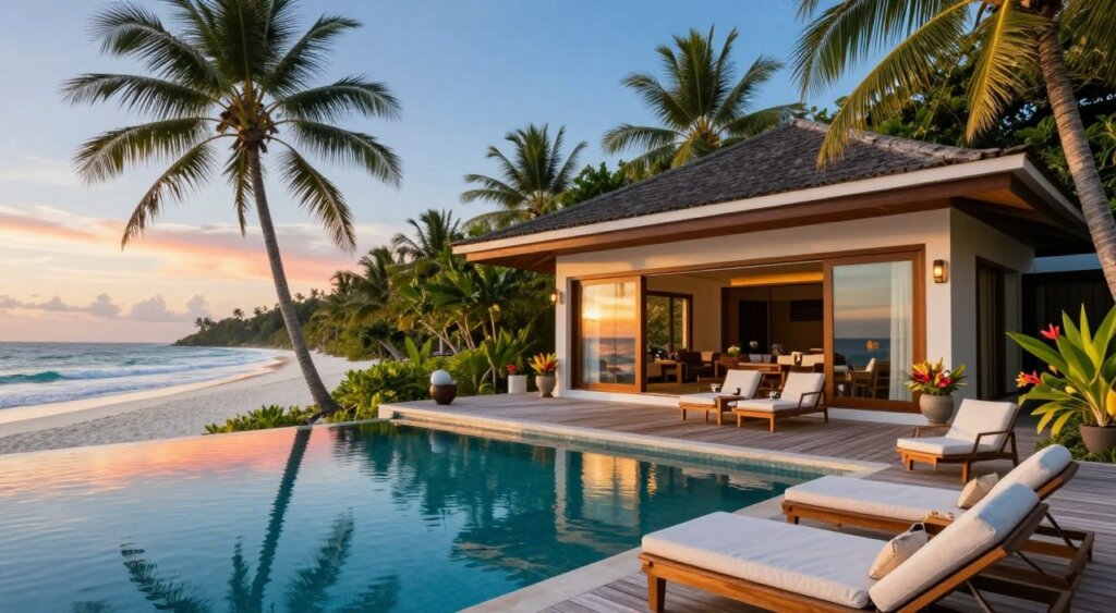 A luxurious private pool villa on the Gili Islands, surrounded by lush tropical vegetation and clear blue skies. In the foreground, a stunning infinity pool reflects the vibrant colors of sunset, with plush loungers beside it. The middle ground features an elegant wooden deck with tasteful outdoor furniture, adorned with tropical flowers. The villa showcases a modern architectural design with floor-to-ceiling glass walls, allowing natural light to flood the space while offering breathtaking sea views. In the background, gentle waves lap against a pristine white sand beach, framed by palm trees swaying in the breeze. The scene is bathed in warm golden hour lighting, creating a serene and inviting atmosphere, perfect for a getaway. Focused on the beauty and tranquility of this luxury escape in paradise.