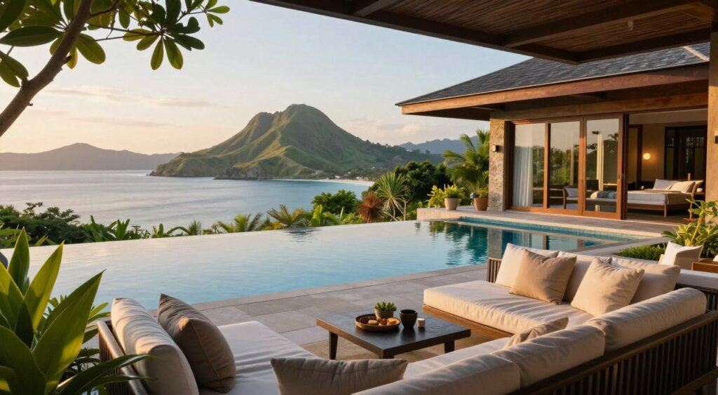 A luxurious resort on Komodo Island, featuring elegant guesthouse accommodations nestled amidst lush tropical greenery. In the foreground, a well-furnished outdoor lounge area with comfortable seating, adorned with soft cushions and a coffee table, invites relaxation. The middle ground showcases an infinity pool that seamlessly blends into the horizon, reflecting the azure sky. Modern architecture integrates natural materials like wood and local stone, with large windows offering stunning views of the landscape. In the background, rugged hills and the sparkling sea create a dramatic backdrop under warm, golden sunset lighting. The atmosphere is tranquil and upscale, evoking a sense of serenity and adventure. Capture this scene with a shallow depth of field to emphasize the intimate details of the resort, while maintaining a crisp view of the majestic surroundings. A luxurious resort on Komodo Island, featuring elegant guesthouse accommodations nestled amidst lush tropical greenery. In the foreground, a well-furnished outdoor lounge area with comfortable seating, adorned with soft cushions and a coffee table, invites relaxation. The middle ground showcases an infinity pool that seamlessly blends into the horizon, reflecting the azure sky. Modern architecture integrates natural materials like wood and local stone, with large windows offering stunning views of the landscape. In the background, rugged hills and the sparkling sea create a dramatic backdrop under warm, golden sunset lighting. The atmosphere is tranquil and upscale, evoking a sense of serenity and adventure. Capture this scene with a shallow depth of field to emphasize the intimate details of the resort, while maintaining a crisp view of the majestic surroundings.