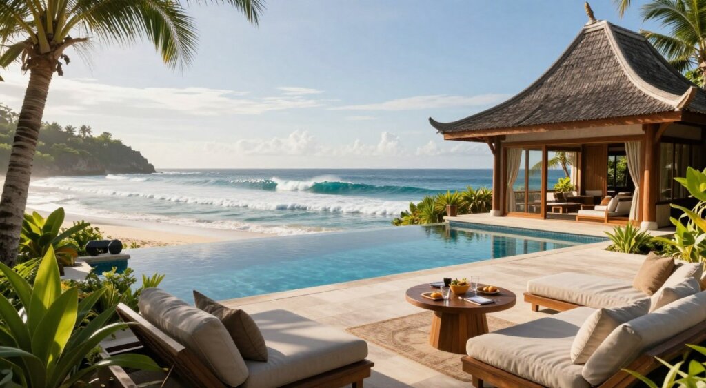 A luxurious surf accommodation in Lombok, featuring a stunning beachfront villa with wooden architecture and traditional Indonesian design. In the foreground, a sun-drenched terrace adorned with comfortable loungers and a stylish table set for outdoor dining, surrounded by lush tropical greenery. The middle ground showcases the inviting infinity pool that seamlessly blends with the ocean, reflecting the clear blue skies. The background reveals magnificent surf waves rolling onto the shore, with rugged cliffs in the distance under a bright, warm sun. Capture with a wide-angle lens to emphasize depth, using soft, warm lighting to enhance the tranquil atmosphere, evoking a sense of relaxation and adventure in this paradise escape. Avoid any human figures in the scene for a serene, uninhabited feel.