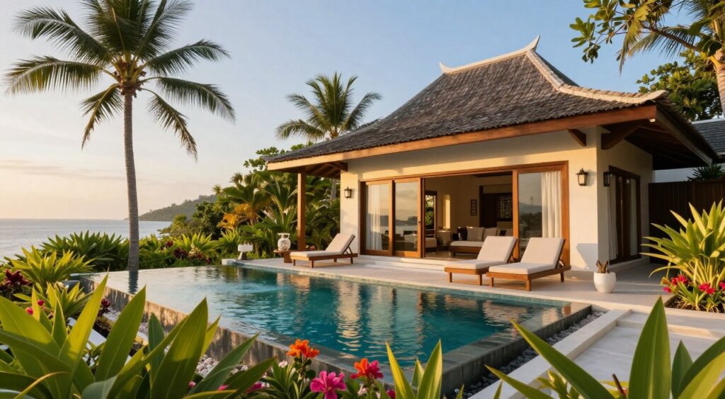 A luxurious vacation rental villa on the Gili Islands, featuring a private infinity pool shimmering under the warm golden sunlight. In the foreground, lush tropical plants and vibrant flowers frame the pool area, while elegant sun loungers invite relaxation. The middle ground showcases the villa, designed in a blend of modern and traditional architecture, with wooden beams and large glass windows that reflect the serene surroundings. In the background, swaying palm trees and a clear blue sky complete the tropical paradise vibe. The scene is captured during the golden hour, casting a soft, inviting glow. The perspective is slightly elevated, offering a comprehensive view of the villa and pool, evoking a tranquil and idyllic mood perfect for a serene getaway.