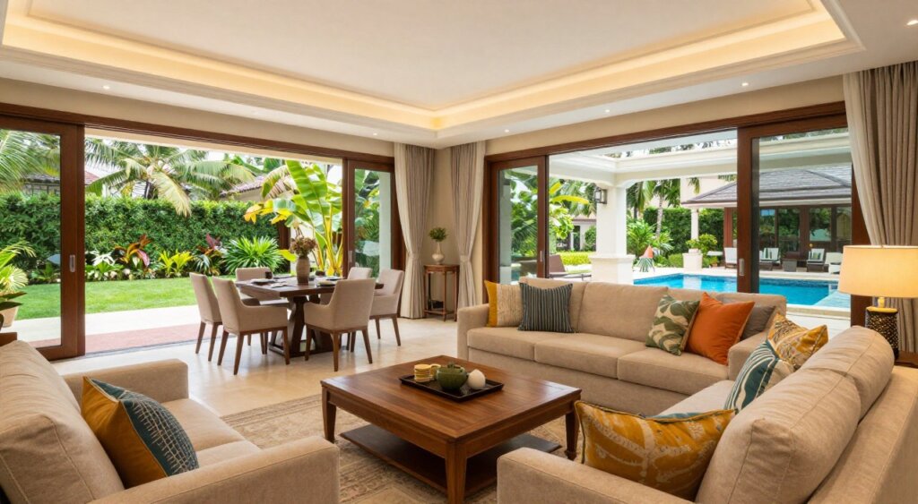 A luxurious villa interior designed for a vacation rental, showcasing a spacious living area with elegant furnishings and an inviting atmosphere. In the foreground, a large plush sofa adorned with colorful throw pillows, complemented by a wooden coffee table. The middle ground features a stylish dining table set for four, surrounded by greenery from large windows letting in natural light. In the background, large sliding doors open to a beautiful terrace with views of a lush garden and swimming pool. The scene is brightly lit with soft, warm lighting, creating an inviting mood. Capture the image with a wide-angle lens to emphasize space, while maintaining a realistic, high-quality photojournalism style. A luxurious villa interior designed for a vacation rental, showcasing a spacious living area with elegant furnishings and an inviting atmosphere. In the foreground, a large plush sofa adorned with colorful throw pillows, complemented by a wooden coffee table. The middle ground features a stylish dining table set for four, surrounded by greenery from large windows letting in natural light. In the background, large sliding doors open to a beautiful terrace with views of a lush garden and swimming pool. The scene is brightly lit with soft, warm lighting, creating an inviting mood. Capture the image with a wide-angle lens to emphasize space, while maintaining a realistic, high-quality photojournalism style.