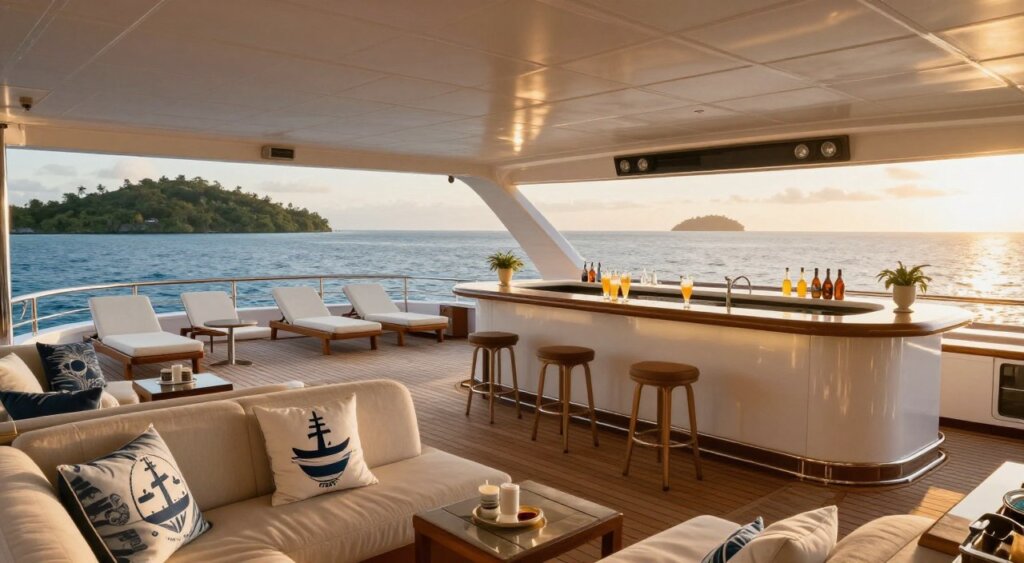 A luxury dive boat's common areas and sundeck, showcasing elegant furnishings and decor. In the foreground, plush seating areas with soft cushions invite relaxation, adorned with nautical-themed art. The middle section features a spacious sundeck with mahogany decking, sun loungers, and a sleek bar counter lined with high-end drinks. Expansive glass windows provide panoramic ocean views, enhanced by golden hour lighting that bathes the scene in a warm glow. In the background, lush tropical islands are faintly visible against a serene sea, emphasizing the tranquil atmosphere. The image captures a sophisticated and inviting ambiance, perfect for relaxation after diving excursions. Focus on realistic details, with a photojournalism style reminiscent of National Geographic photography, ensuring no human subjects are present. A luxury dive boat's common areas and sundeck, showcasing elegant furnishings and decor. In the foreground, plush seating areas with soft cushions invite relaxation, adorned with nautical-themed art. The middle section features a spacious sundeck with mahogany decking, sun loungers, and a sleek bar counter lined with high-end drinks. Expansive glass windows provide panoramic ocean views, enhanced by golden hour lighting that bathes the scene in a warm glow. In the background, lush tropical islands are faintly visible against a serene sea, emphasizing the tranquil atmosphere. The image captures a sophisticated and inviting ambiance, perfect for relaxation after diving excursions. Focus on realistic details, with a photojournalism style reminiscent of National Geographic photography, ensuring no human subjects are present.