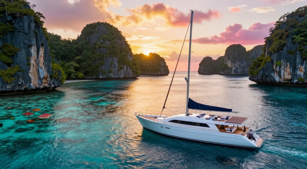 A luxury yacht gliding through the crystal-clear turquoise waters of Raja Ampat, surrounded by dramatic limestone cliffs and lush green islands. In the foreground, the sleek yacht features spacious decks, inviting lounges, and sail rigging fluttering in the gentle breeze. In the middle ground, a vibrant coral reef teems with colorful marine life just beneath the surface, hinting at the rich underwater ecosystems that define the region. In the background, a breathtaking sunset casts golden and pink hues across the sky, reflecting off the water and illuminating the scenery. Capture this scene with a wide-angle lens, balancing the composition with soft, natural lighting to convey a serene and adventurous atmosphere, evoking the essence of an unforgettable sailing experience.