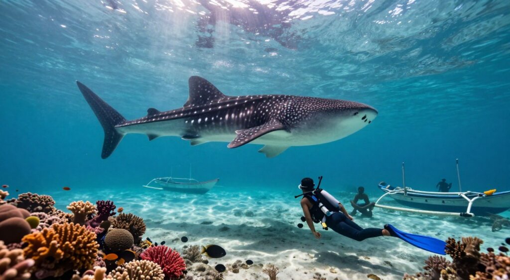 A majestic whale shark gracefully gliding through the clear turquoise waters of Indonesia, surrounded by a vibrant coral reef teeming with colorful marine life. In the foreground, a diver in modest, professional dive gear observes the whale shark, highlighting the cultural significance and respect the local communities have for these magnificent creatures. The sun filters through the water, casting soft beams of light that dance across the sandy ocean floor, creating a serene and awe-inspiring atmosphere. In the background, small traditional fishing boats gently bob on the surface, symbolizing the connection between local fishermen and the whale sharks they revere. The scene captures the harmony of nature and culture, evoking a sense of wonder and reverence. High-resolution, photojournalism style, natural lighting, shot at eye level with a wide-angle lens.