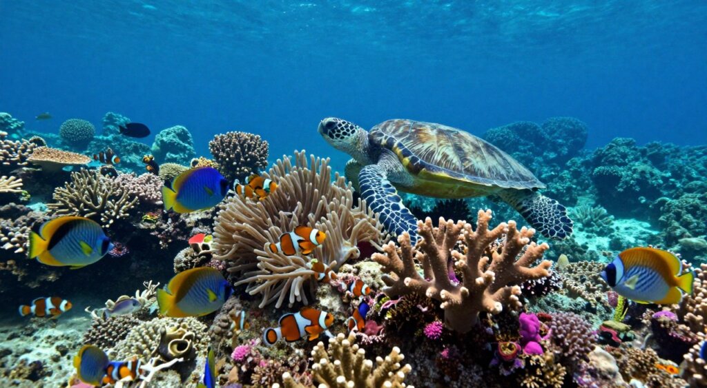 A mesmerizing underwater scene of Raja Ampat's vibrant coral reefs, teeming with diverse marine life. In the foreground, a colorful array of hard and soft corals branches out, showcasing various hues of blue, yellow, and pink. Graceful schools of fish, including butterflyfish and clownfish, weave through the coral formations, their scales shimmering in the filtered sunlight above. In the middle ground, a majestic sea turtle glides effortlessly, surrounded by delicate anemones. The background features rocky outcrops and deeper, darker waters, adding depth to the scene. The lighting is soft, with sunbeams piercing through the surface, illuminating the intricate details of the underwater ecosystem. The atmosphere is serene and enchanting, evoking the richness of Raja Ampat's marine biodiversity, captured in high-definition, photojournalistic style.