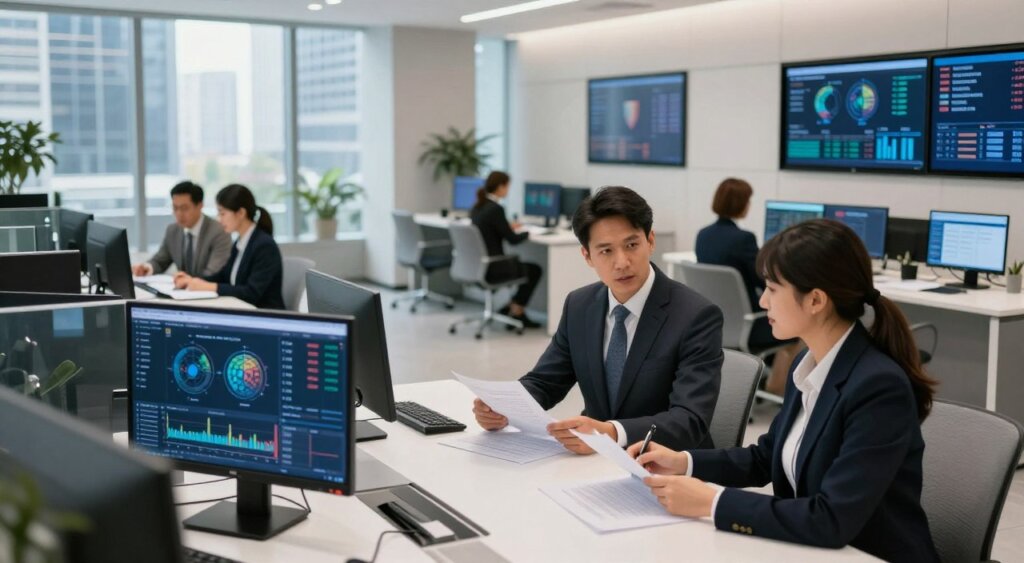 A modern bank branch interior reflecting international banking services, showcasing a diverse group of professionals in business attire engaged in discussions at a sleek conference table. The foreground features a male and female banker reviewing documents together, surrounded by digital screens displaying global currencies and financial data. In the middle ground, contemporary design elements like transparent glass partitions and minimalist furniture create a sophisticated atmosphere. The background reveals large windows with views of a bustling city skyline, enhanced by soft natural light streaming in, creating an inviting yet professional mood. The composition is shot from a slightly elevated angle, simulating a photojournalism style that captures the essence of a dynamic and inclusive banking environment, perfect for illustrating the modern U.S. banking system.