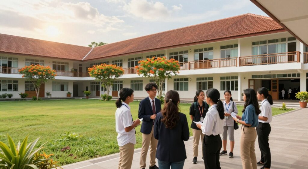 A modern international school in Canggu, showcasing a blend of architectural styles that reflect both local and global influences. In the foreground, a diverse group of students, dressed in professional business attire and modest casual clothing, engaged in a discussion outside the school's entrance. In the middle ground, expansive green lawns and vibrant flowering trees surround the building, enhancing a warm, inviting atmosphere. The background features a sunny sky with soft clouds, casting natural light across the scene. The perspective is from a slightly elevated angle, capturing the dynamic interaction among students while emphasizing the school's welcoming environment. The overall mood is one of positivity and collaboration, ideal for an educational setting.